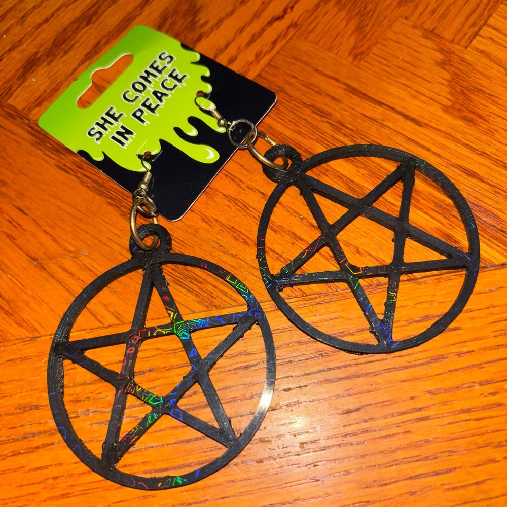 Holographic pentagram goth earrings